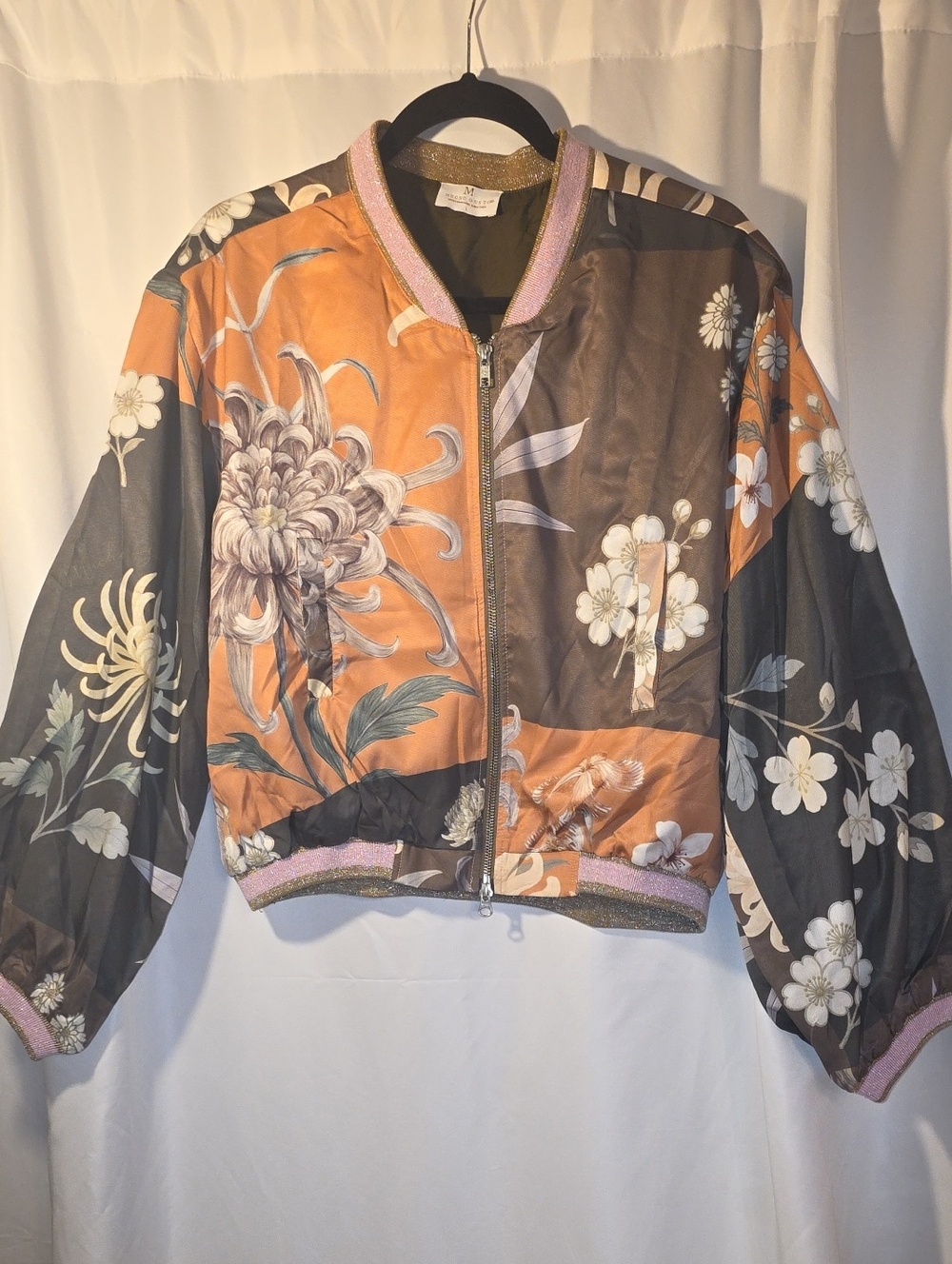 Mucho Gusto Floral Patchwork Bomber Jacket - Orange & Black  *L Oversized NWOT